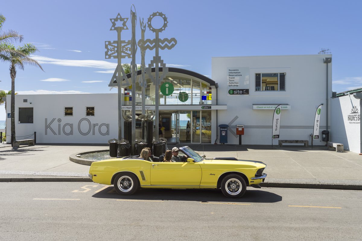 Art Deco building and a classic car in Napier