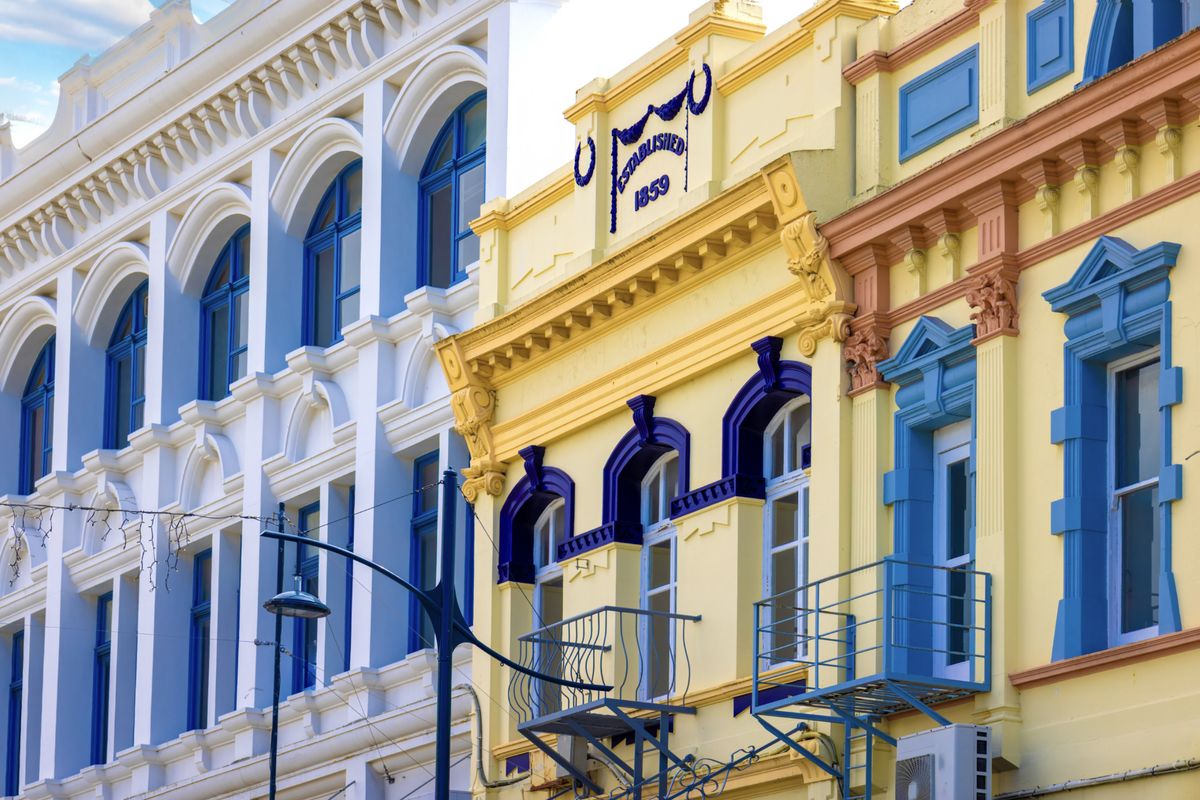 Colourful Edwardian facades on Stafford Street, Timaru